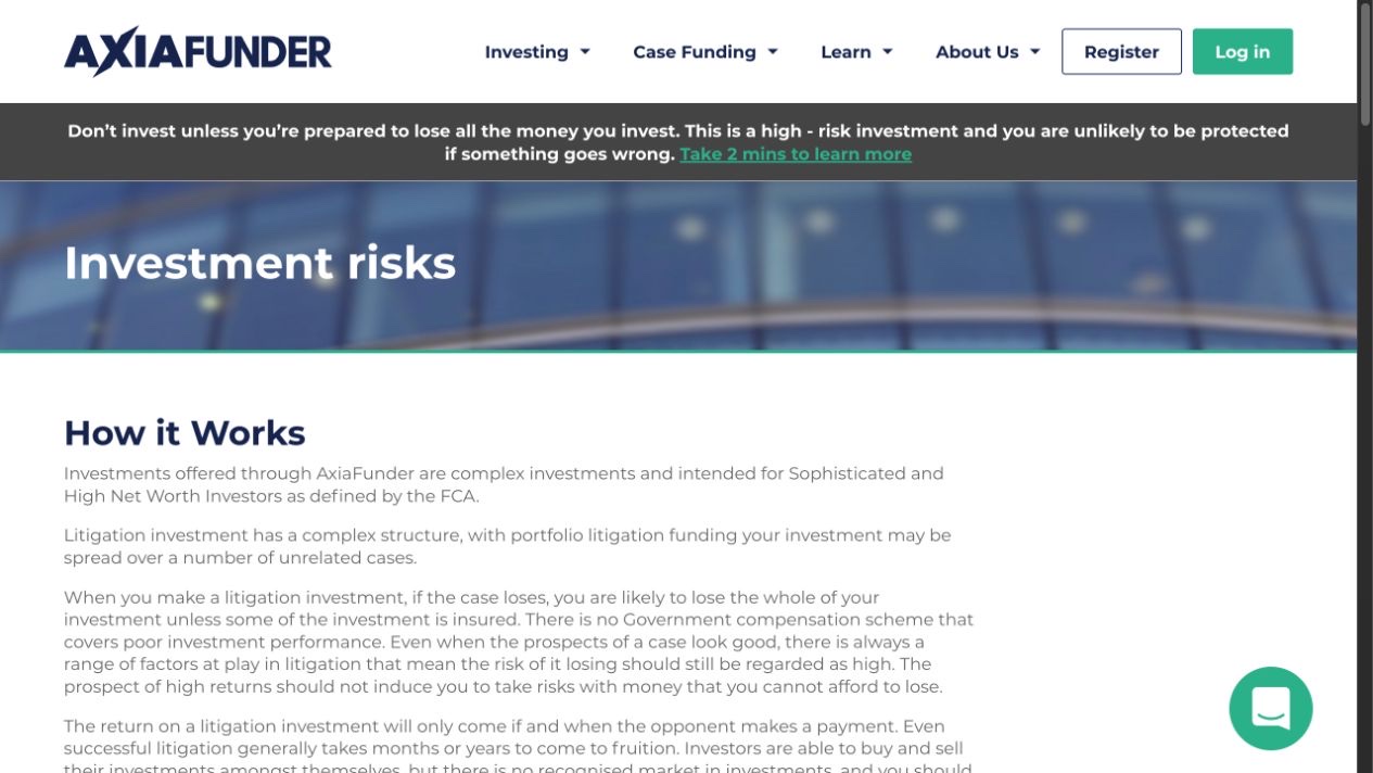 AxiaFunder investment-risk page explaining the complex structure and possibility of losing capital
