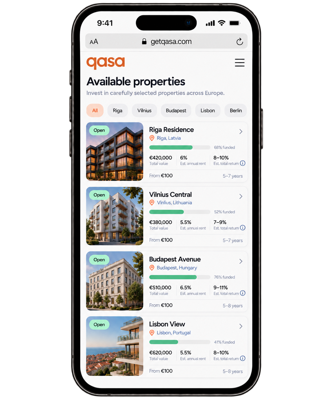Qasa's public prototype showing a property-browsing screen on a phone