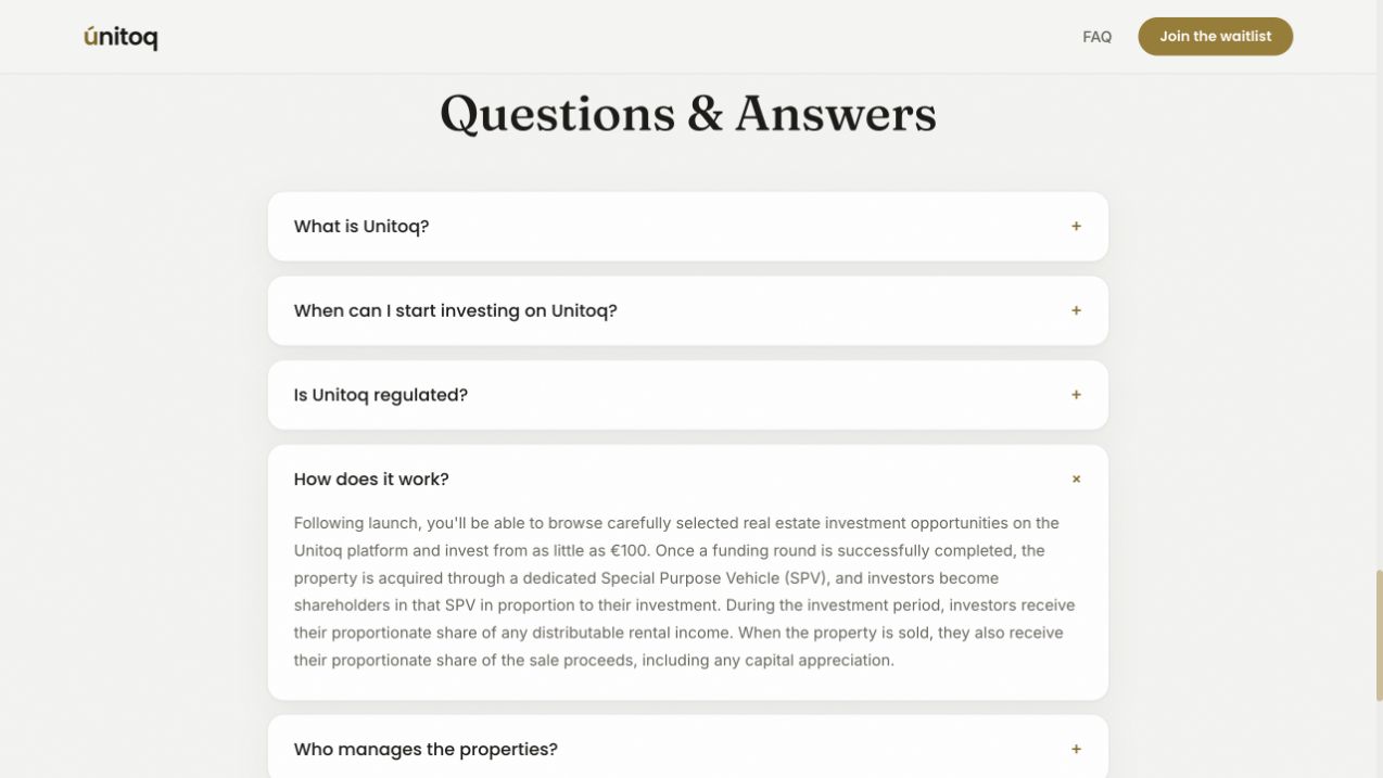 Unitoq's expanded FAQ explaining property acquisition through an SPV, shareholder interests, rental distributions and sale proceeds